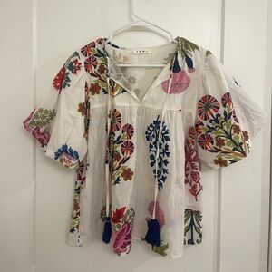 THML Cottagecore Boho Puff Sleeve Floral Printed Blouse Cream, Pink, Green Blue
